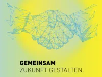 ein Händedruck abstrakt gezeichnet vor gelb-grünem Hintergrund mit dem Schriftzug "Gemeinsam Zukunft gestalten"