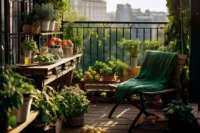 Ein KI-generiertes Bild von einem Balkon mit vielen Pflanzen, im Hintergrund ist unscharf eine Stadt-Silhouette zu erkennen.