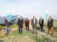 Foto mit folgenden Personen direkt neben einem Solarpark: Rainer Burelbach, Bürgermeister Stadt Heppenheim; Christian Engelhardt, Landrat Kreis Bergstraße; Susanne Schäfer, Bereichsleiterin Marketing & Kommunikation GGEW AG; Carsten Hoffmann, Vorstand GGEW AG; Florian Grob, Bereichsleiter Erneuerbare Energien GGEW AG; Rolf Richter, Bürgermeister Stadt Bensheim