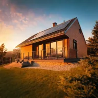 modernes Haus mit Solar auf dem Dach und Holzverkeidung in grüner Umgebung