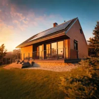 Haus mit Holzfassade und Solarpanels bei Sonnenaufgang