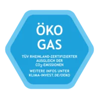 TÜV Rheinland Siegel für Ökogas: Zertifikat bestätigt den CO₂-Ausgleich für Erdgasverbrauch durch Klimaschutzprojekte.